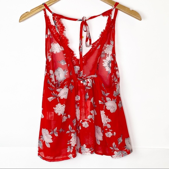 NWT LF Seek The Label Red Floral Lace Trim Tank Top - Picture 7 of 9